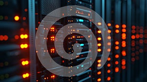 Close-up of server racks blinking red lights, indicating activity.Data center