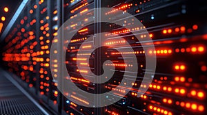 Close-up of server racks blinking red lights, indicating activity.Data center