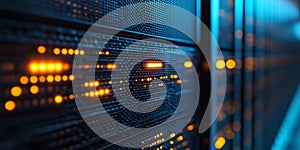 Close-up of server racks blinking red lights, indicating activity.Data center