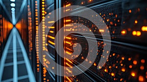 Close-up of server racks blinking red lights, indicating activity.Data center