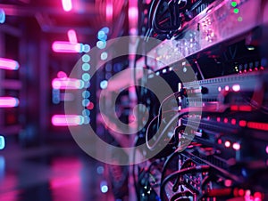 Close-up of Server Racks with Red and Blue Lights