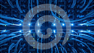 Server Room Data Center Network Cables and Servers, Blue Lights