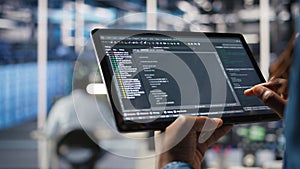 Close up of server room programmer checking coding on tablet