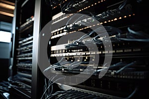 close-up of server room with rack after network equipment and cables