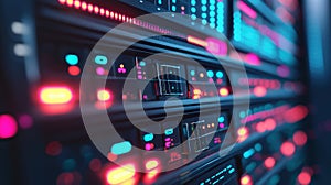 Data Center Server Front Panel with Blinking LED Lights in Focus