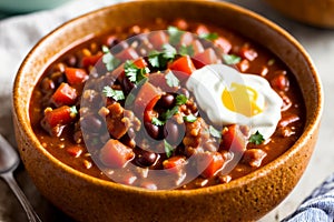 Close-up of a serving of vegan chili in a rustic clay bowl, accompanied by a side of cornbread. AI generated.