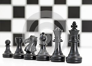 Black chess pieces on chessboard, Set of chess figures on white background
