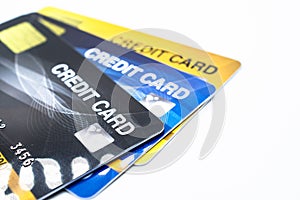 Close up of a set of cradit cards isolated on white background.