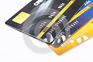 Close up of a set of cradit cards isolated on white background.