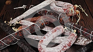 Close-up of set of different dry sausages on a wooden background.