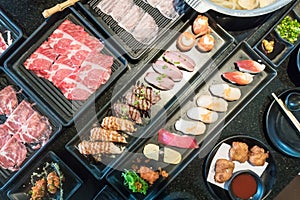 Close up set of japanese food shabu shabu sushi on table