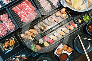 Close up set of japanese food shabu shabu sushi on table