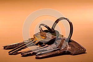 Close-up of a set of keys on a keyring with a warm background.