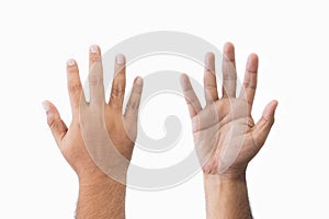 Close-up set man's palm and back of hand goodwill gesture. Open outstretched hand, showing five fingers.