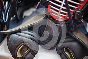 Close up of a set of traditional kendo equipment