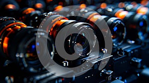 A close up of several camera lenses