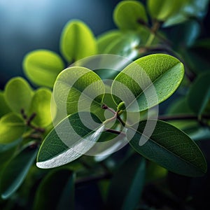 Close-up of several green leaves, with one leaf in particular being highlighted