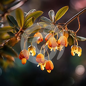 Close-up of several orange oranges hanging from branches of an oak tree. These oranges are in various stages of