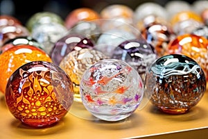 a close-up of several ornamental glass paperweights on a shelf photo