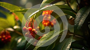 Close-up of several red berries hanging from branches of an orange tree. These berries are surrounded by leaves and