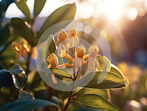 Close-up of several yellow flowers, with sun shining behind them. These flowers are surrounded by green leaves and