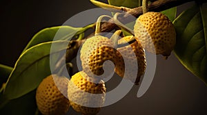 Close-up of several yellow fruit hanging from branches of tree. These fruits are likely to be lemons, as they have