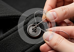 Close-up of sewing button on black fabric with needle and thread