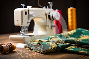 Close up of a sewing machine in action, with fabric and threads