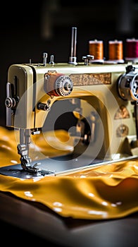 Close up of a sewing machine in action, with fabric and threads