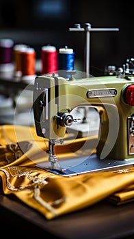 Close up of a sewing machine in action, with fabric and threads