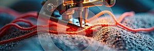 Close-up of sewing machine needle stitching orange thread on blue fabric