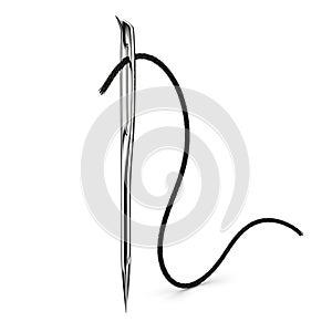 Close up of a sewing needle with black thread on a white background