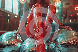 Close up of a sexy woman with a disco mirror ball. Nightclub and party background