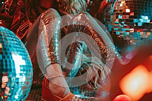 Close up of a sexy woman with a disco mirror ball. Nightclub and party background