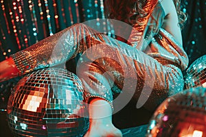 Close up of a sexy woman with a disco mirror ball. Nightclub and party background