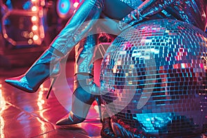 Close up of a sexy woman with a disco mirror ball. Nightclub and party background