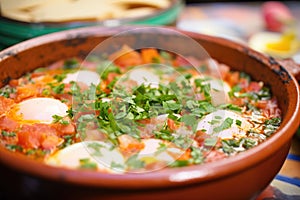 close-up of shakshuka in a clay dish garnished with parsley