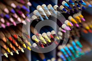 Close-Up of Sharp Colored Pencil Tips. Multiple rows of colored drawing pencils