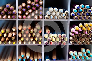 Close-Up of Sharp Colored Pencil Tips. Multiple rows of colored drawing pencils