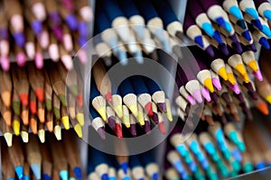 Close-Up of Sharp Colored Pencil Tips. Multiple rows of colored drawing pencils
