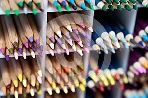 Close-Up of Sharp Colored Pencil Tips. Multiple rows of colored drawing pencils