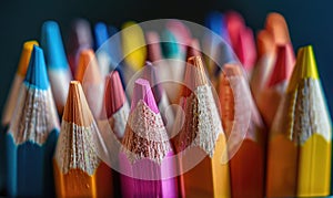 Close-up of sharpened colored pencils in a holder