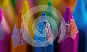 Close-up of sharpened colored pencils in a holder