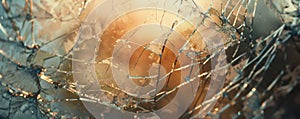 Close-up of shattered glass with a golden sunset background