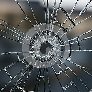 A close-up of a shattered glass surface, with a radial pattern emanating from a central