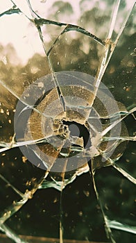 Close-up of a shattered glass window with a focus on the broken area