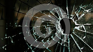 Close-up of a shattered glass window with a hole in the center