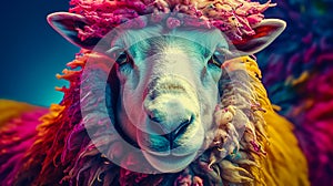 Close up of sheep with multicolored pattern on it\'s face photo