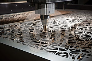 close-up of a sheet of metal being cut using laser or waterjet