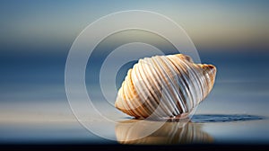 A close up of a shell on the beach with water, AI
